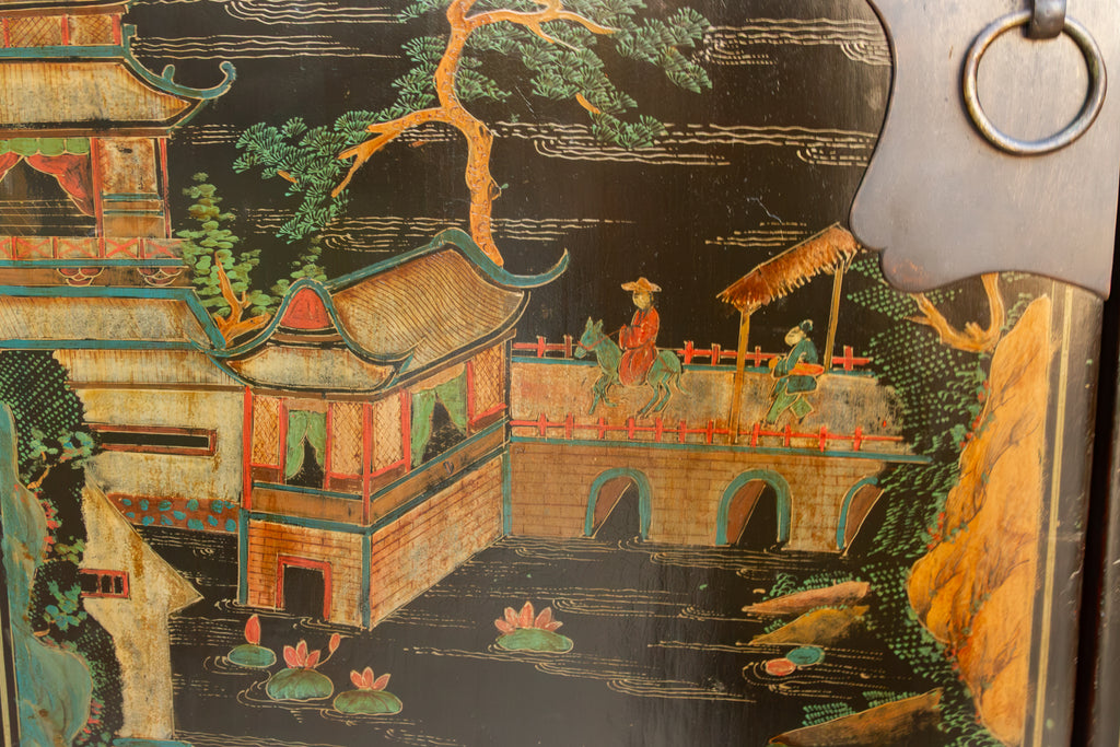 Antique Chinese Black Lacquer Armoire w/Painted Landscape