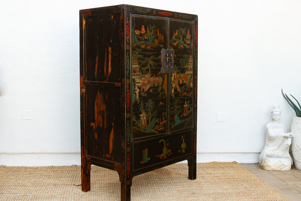 Antique Chinese Black Lacquer Armoire w/Painted Landscape