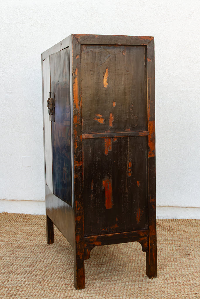 Antique Chinese Black Lacquer Armoire w/Painted Landscape