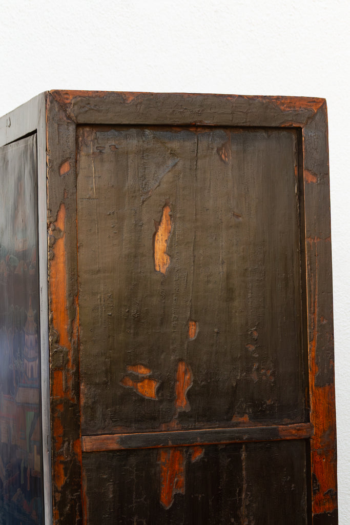 Antique Chinese Black Lacquer Armoire w/Painted Landscape