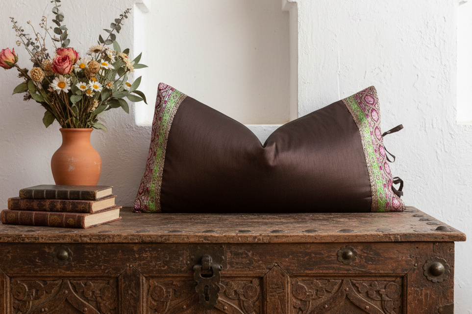 Anisha Large Festive Indian Silk Queen Lumbar Pillow Cover