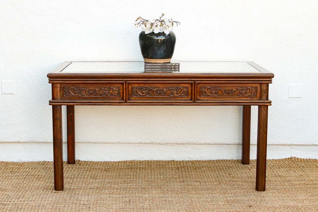 Vintage Carved Chinese Glass Top Center Table (Trade)
