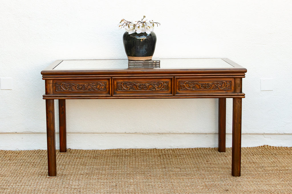 Vintage Carved Chinese Glass Top Center Table (Trade)