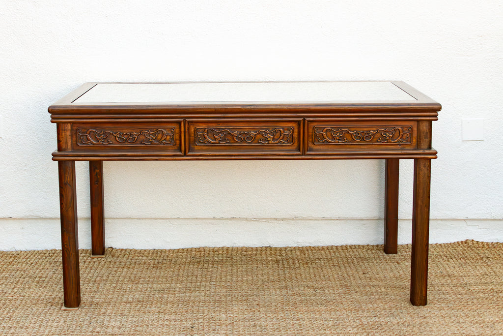 Vintage Carved Chinese Glass Top Center Table (Trade)
