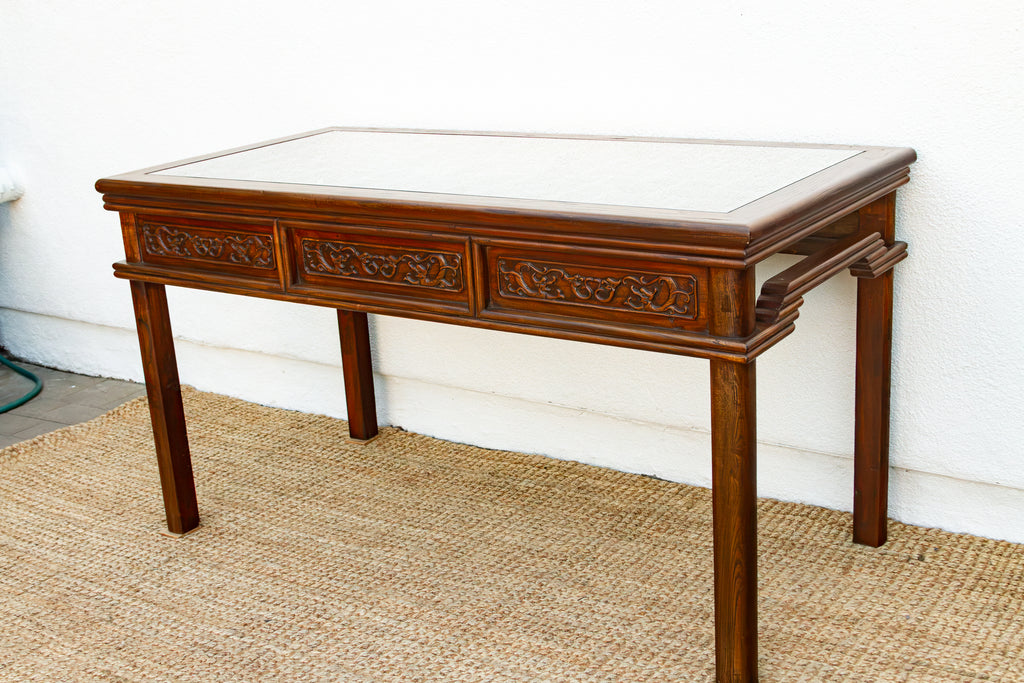 Vintage Carved Chinese Glass Top Center Table (Trade)
