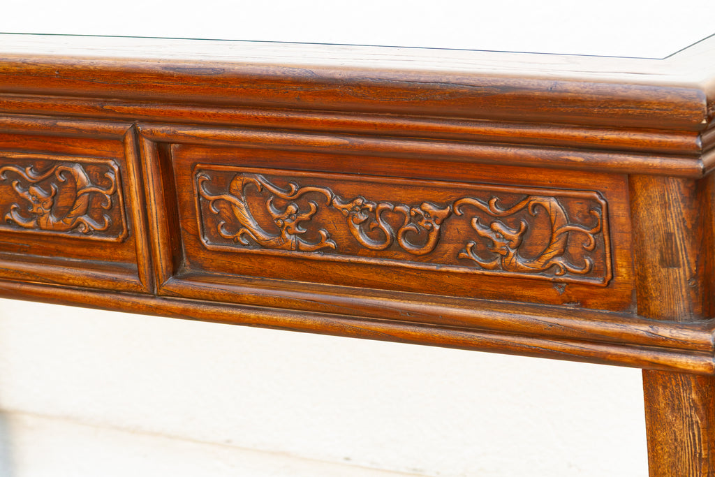 Vintage Carved Chinese Glass Top Center Table (Trade)