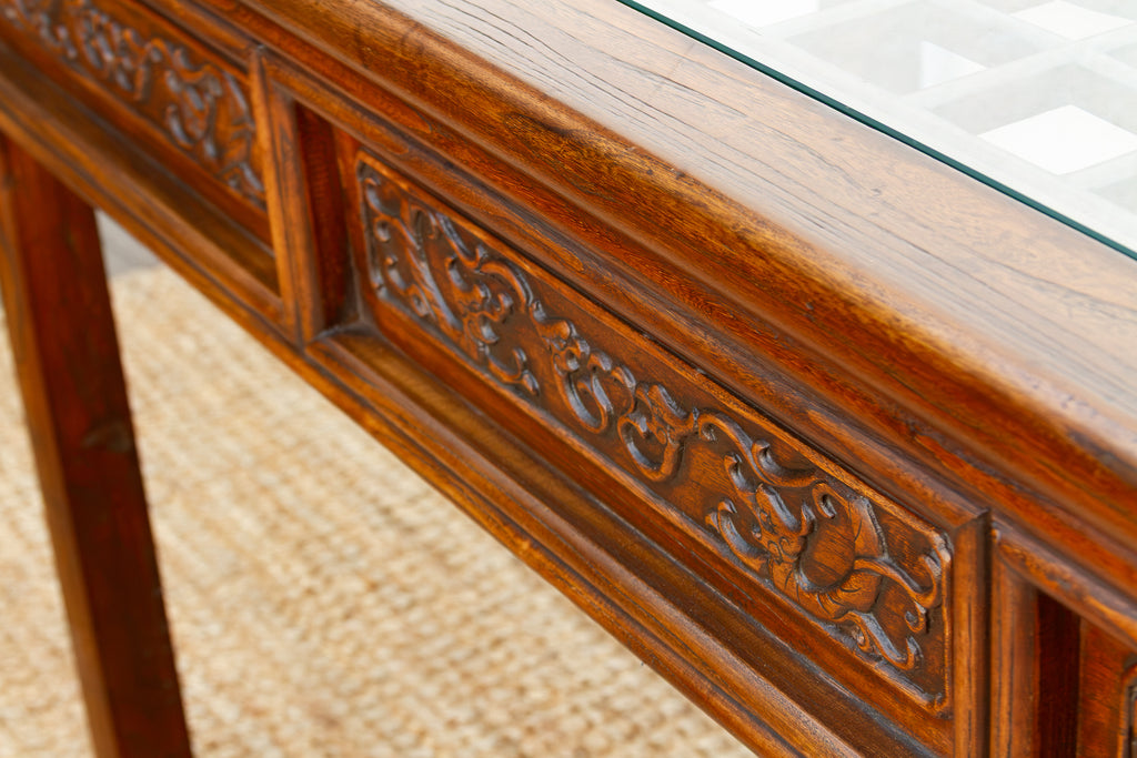 Vintage Carved Chinese Glass Top Center Table (Trade)