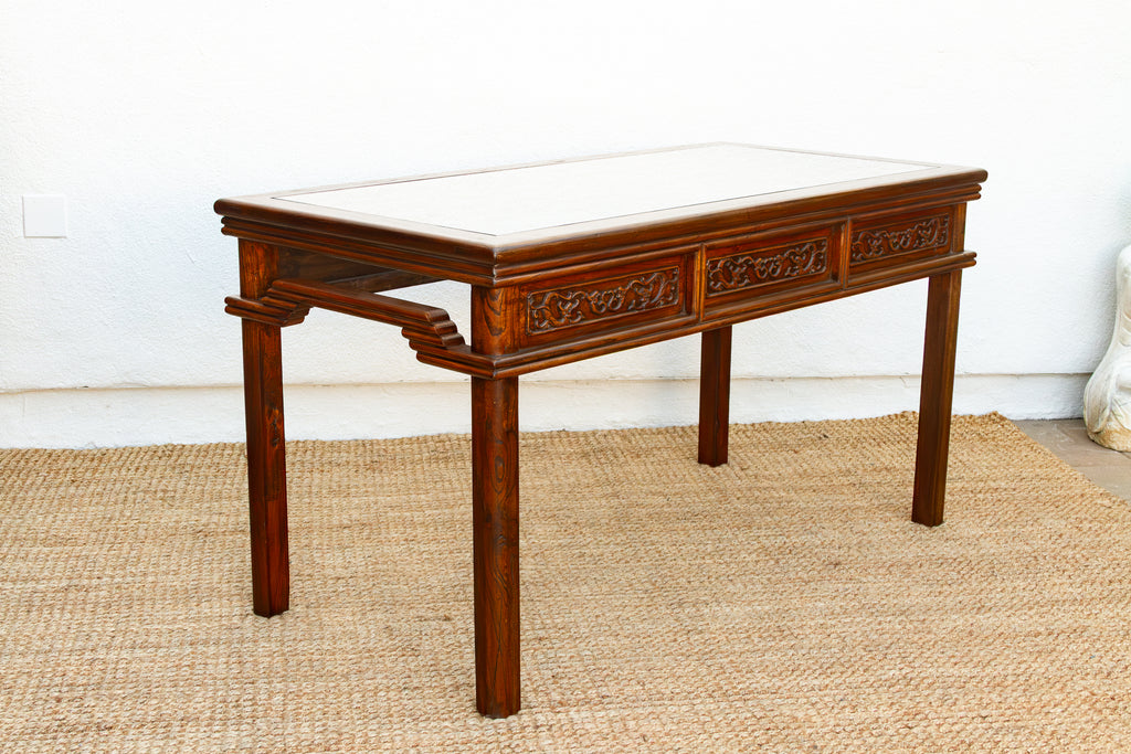 Vintage Carved Chinese Glass Top Center Table (Trade)