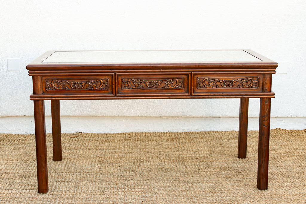 Vintage Carved Chinese Glass Top Center Table (Trade)