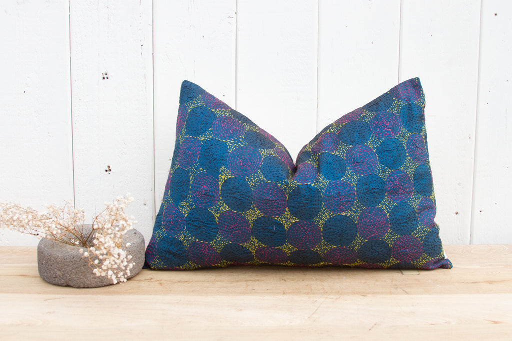 Cobalt Blue Silk Kantha Pillow