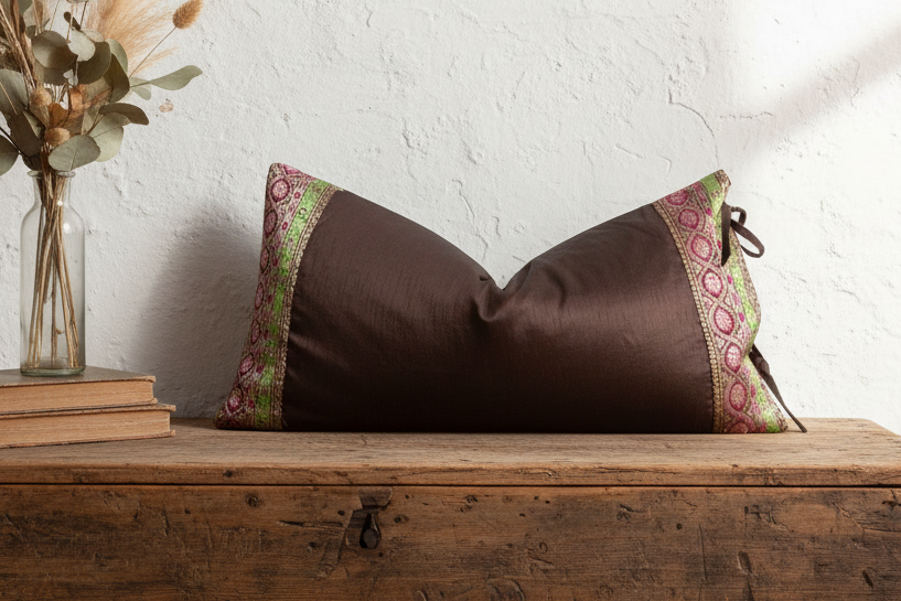Pardip Large Festive Indian Silk Queen Lumbar Pillow Cover