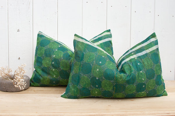 Pair of Emerald Silk Kantha Pillows