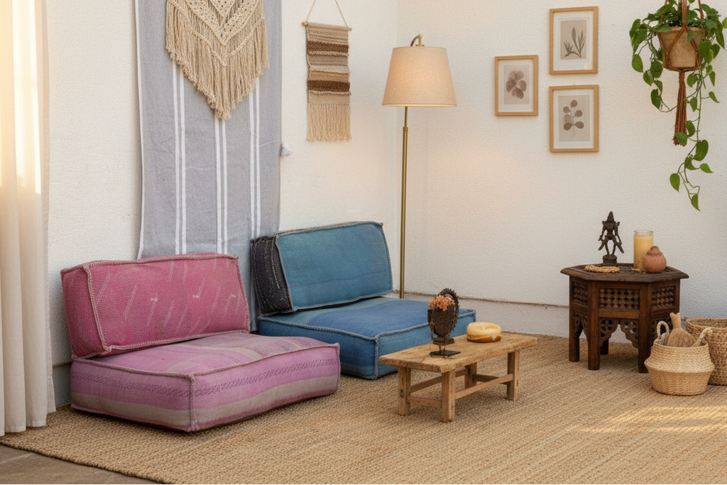 Antique Kantha Faded Indigo Floor Seating Set