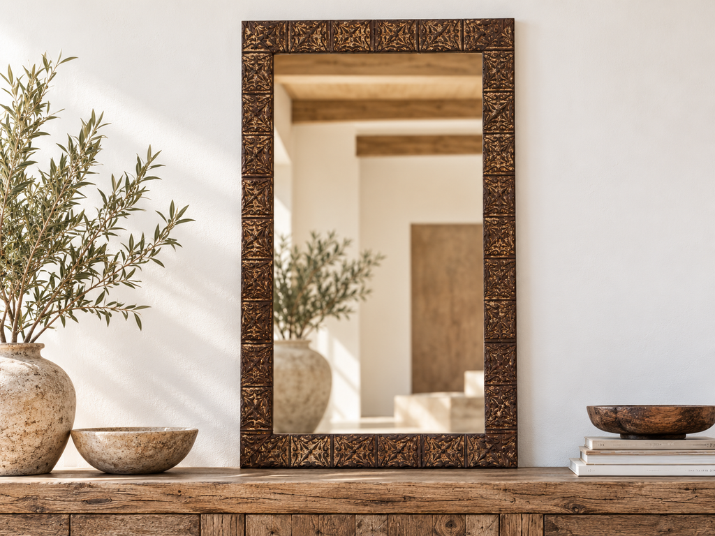 Large Antique Pressed Tin Tile Floor Mirror