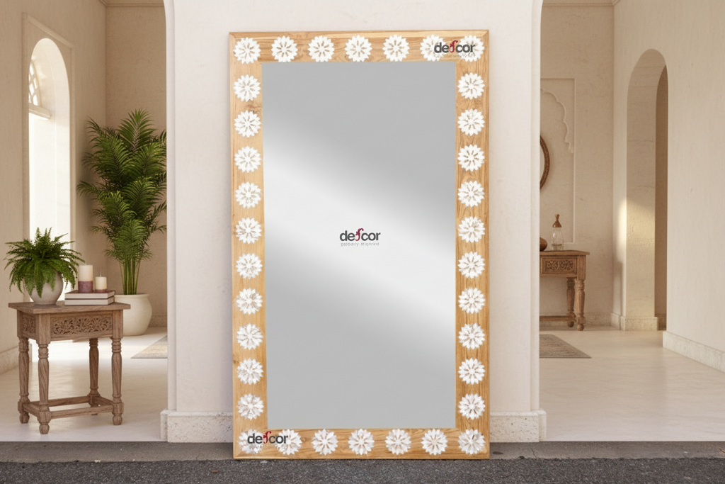 Large Bleached Teak Blossom Mother of Pearl Mirror (Trade)