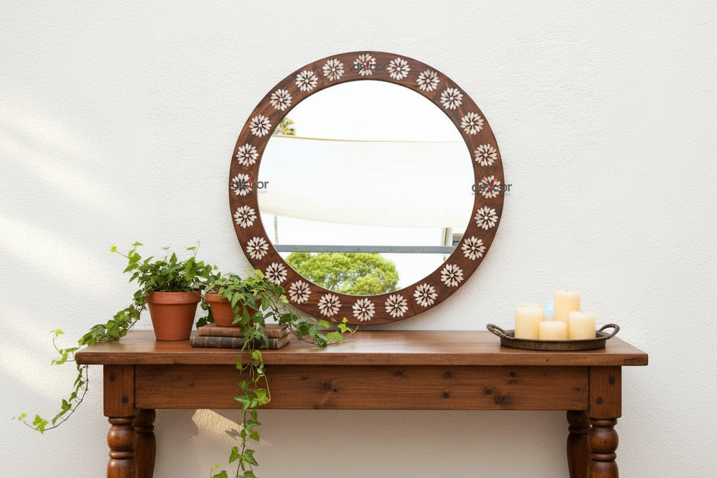 Large Brown Walnut Blossom Inlay Round Mirror