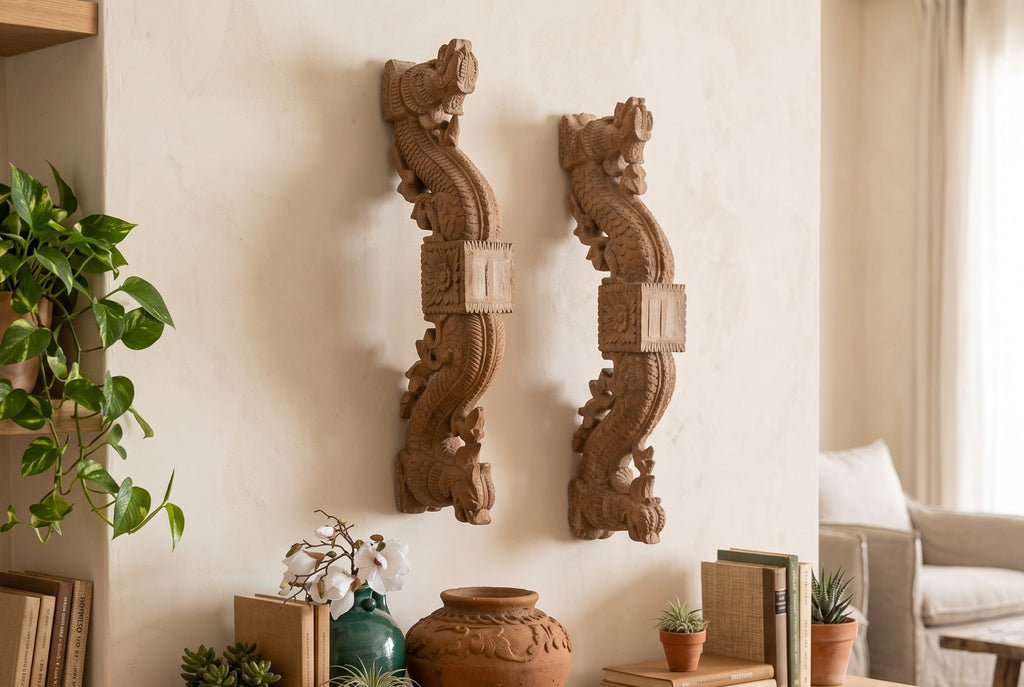 Naga Guardians Pair of Finely Carved Dragon Brackets