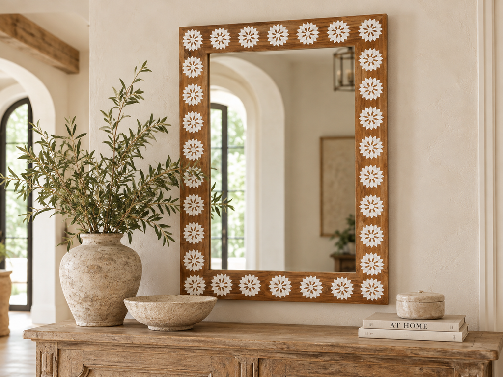 Natural Teak Mother of Pearl Blossom Mirror