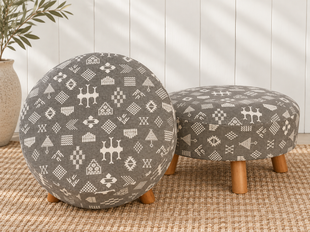 Pair of Black & White Mali Dhurrie Ottoman Stools
