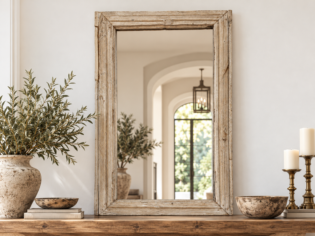 Robust Framed Architectural Salvage Teak Mirror