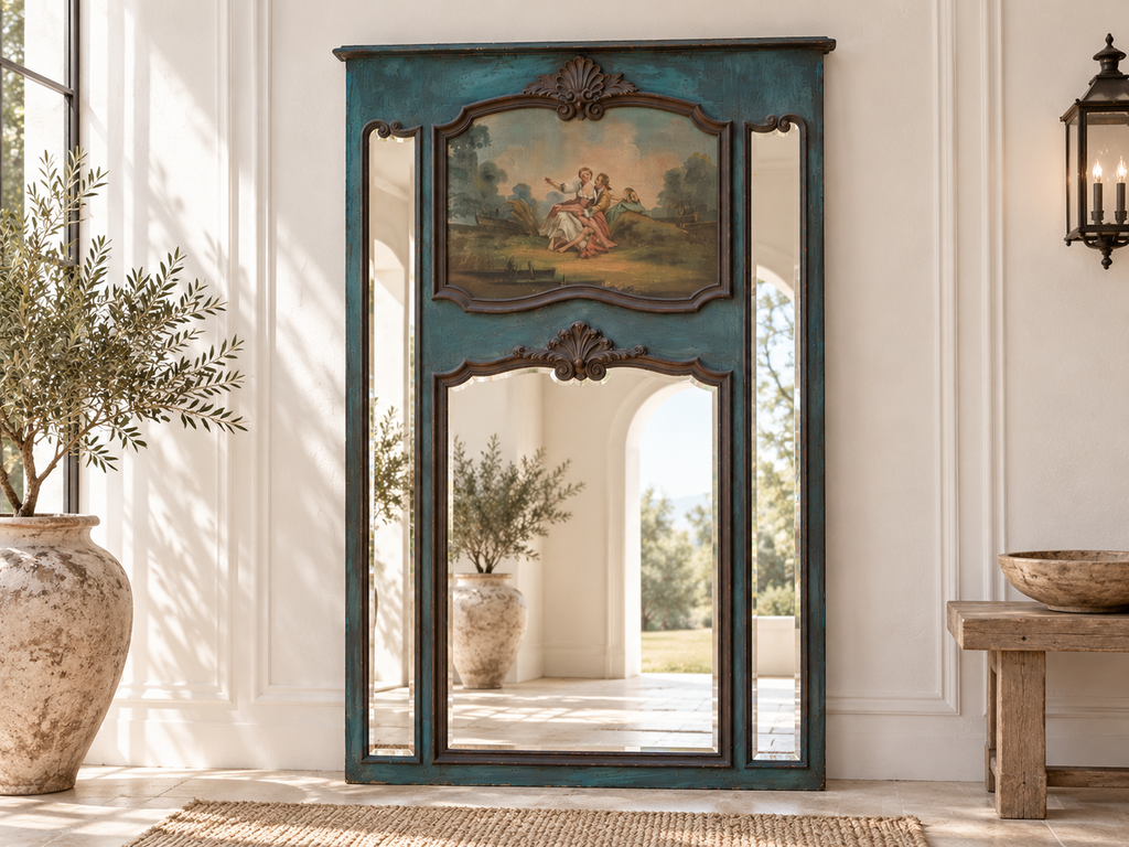 Rococo Blue, Antique French Beveled Trumeau Mirror