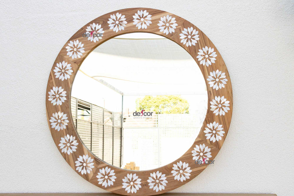 Round Reclaimed Teak Blossom Inlay Mirror