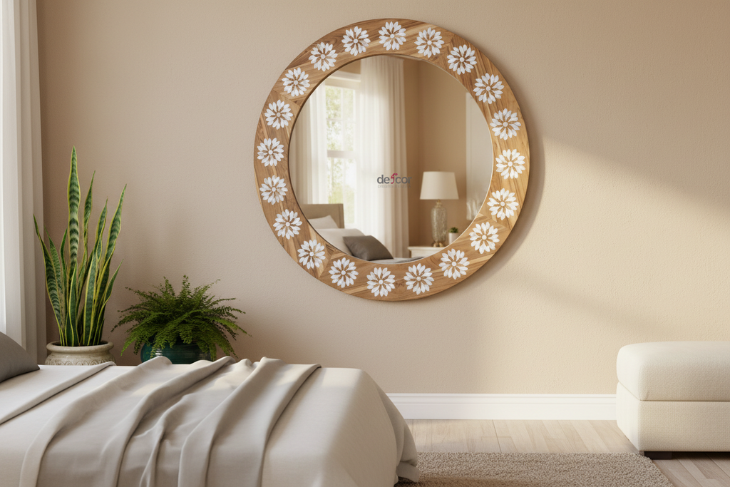 Round Reclaimed Teak Blossom Inlay Mirror