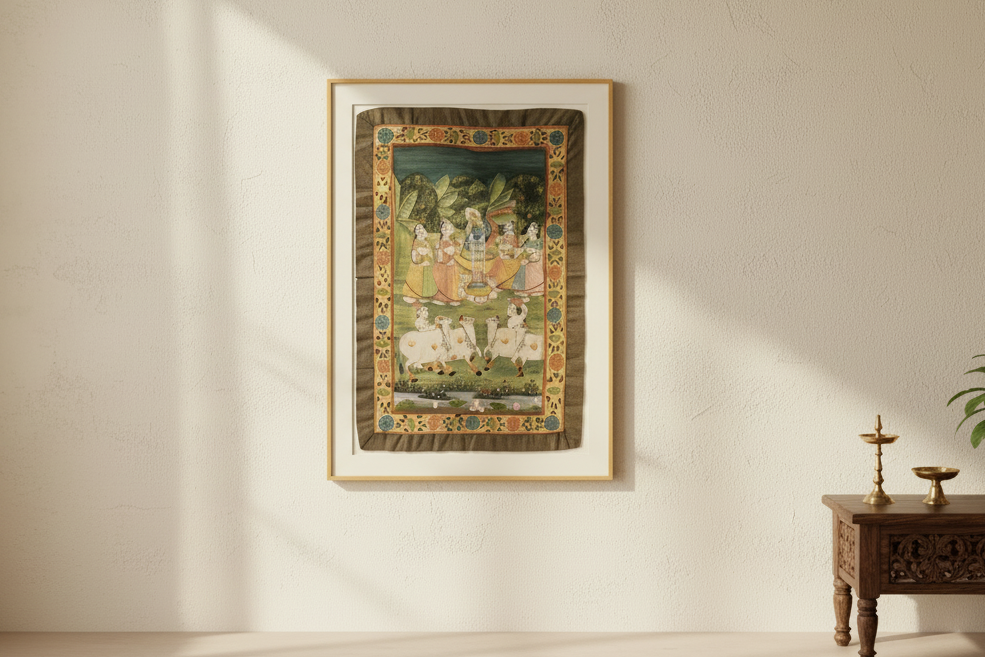Sacred Pasture, Framed Vintage Pichwai Painting (Trade)