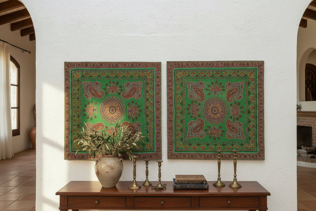 Set of 2 Vintage Mounted Verdant Paisley Textiles (Trade)