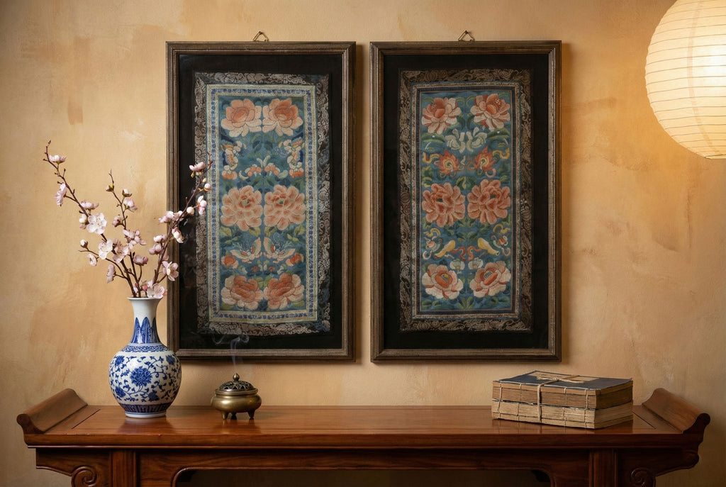 Set of 2, Framed Traditional Floral Silk Panels 