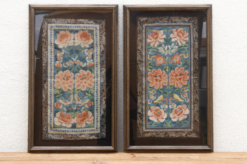 Set of 2, Framed Traditional Floral Silk Panels 