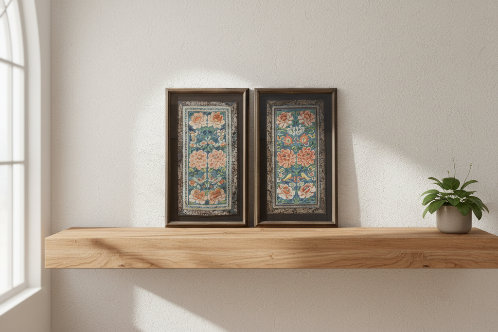 Set of 2, Framed Traditional Floral Silk Panels 