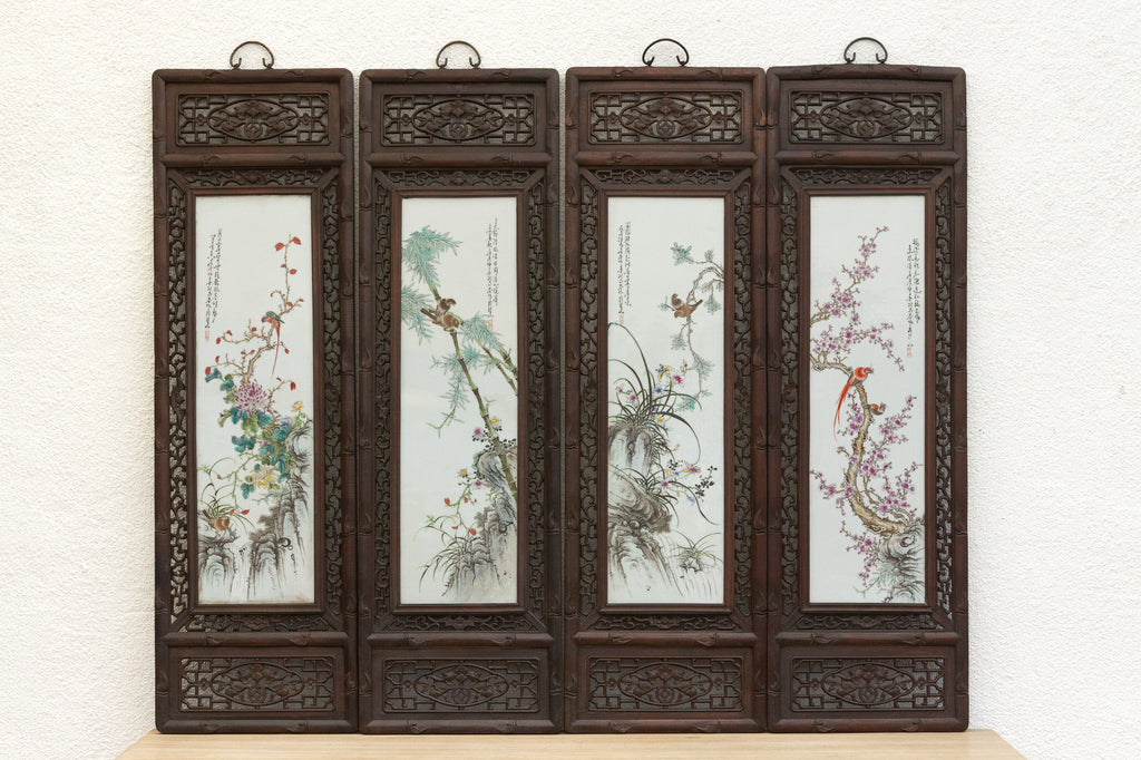 Set of 4, Finely Carved Chinese Wall Porcelain Panels