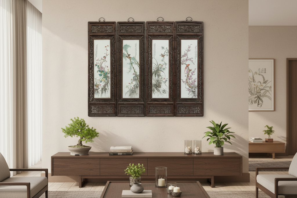 Set of 4, Finely Carved Chinese Wall Porcelain Panels