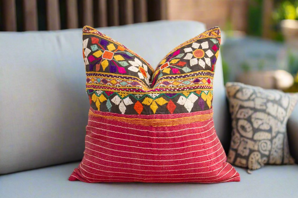 Small Tribal Antique Mashru Square Pillow (Trade)