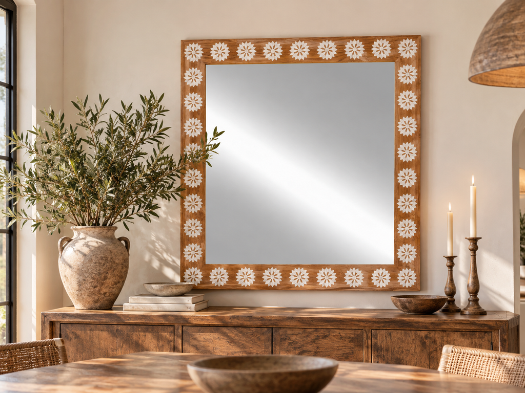 Square Reclaimed Teak Blossom Mother of Pearl Inlay Mirror