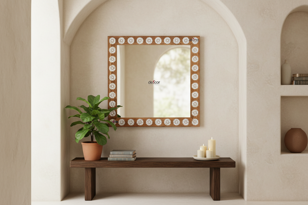 Square Reclaimed Teak Blossom Mother of Pearl Inlay Mirror (Trade)