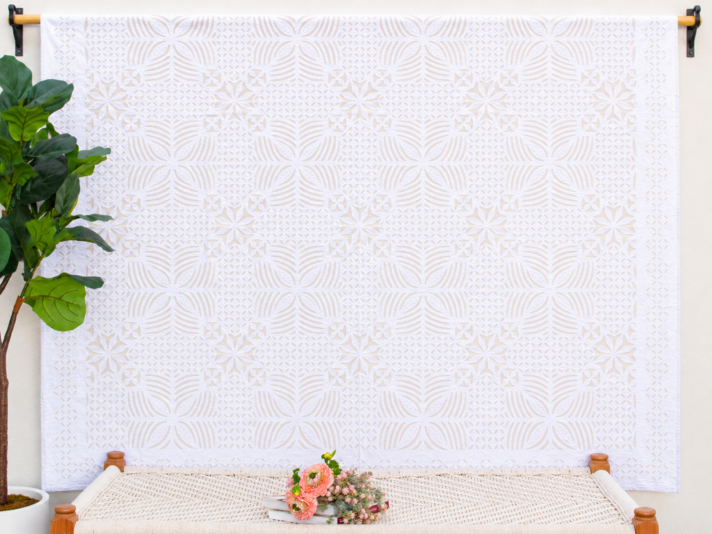 Sunflower Bloom White Cotton Applique Bedcover