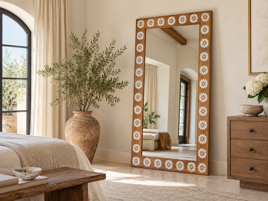Teak Floral Inlay Blossom Mirror