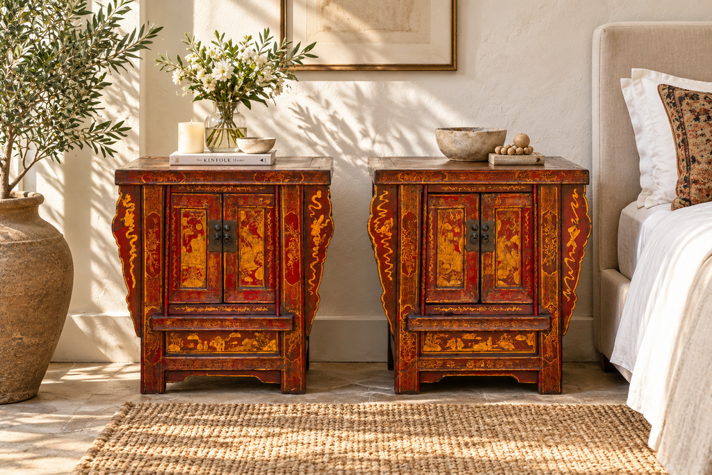 Pair of Red & Gilt Chinoiserie Small Cabinets (Trade)