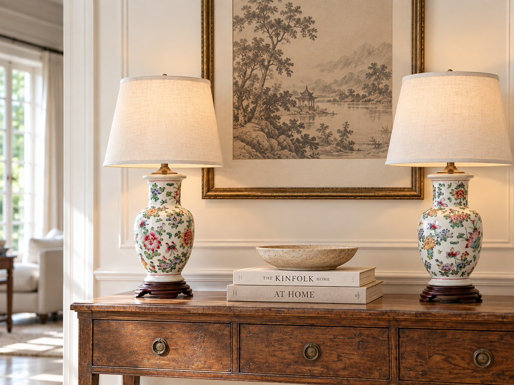Pair of Antique Peony Chinese Porcelain Lamp