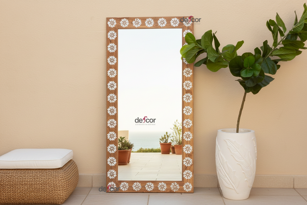 Teak Floral Inlay Blossom Mirror