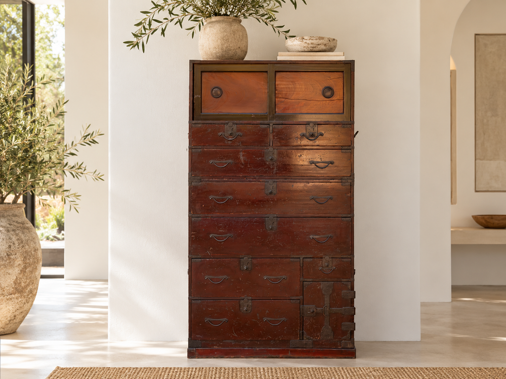 Antique Painted Japanese Chest on Chest Tansu