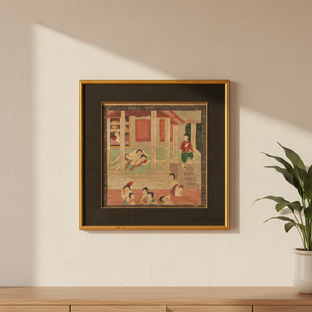 Vintage Thai Pavilion Gathering Narrative Painting (Trade)