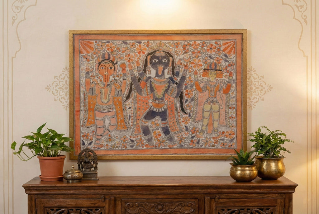 Vintage Framed Indian Madhuban Folk Art (Trade)