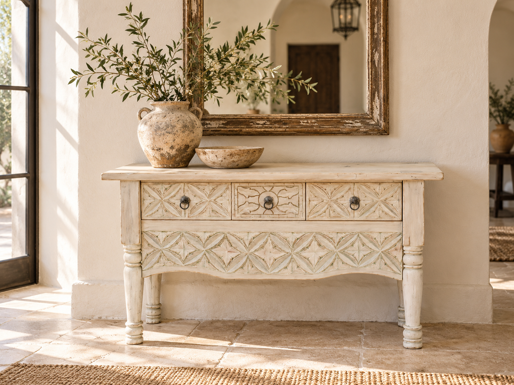 Reclaimed Wood Whitewash Carved Nahuala Console