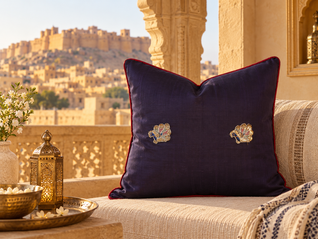 Mdra Blue Zardozi-Embroidered Silk Pillow Cover
