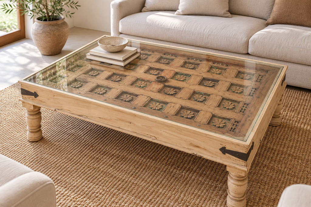 Antique Carved Lotus Ceiling Panel Coffee Table