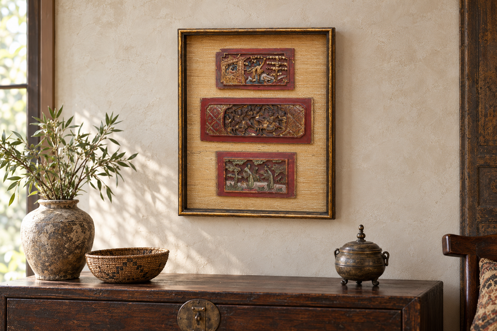 Antique Framed Carved Wood Relief Chinese Panels