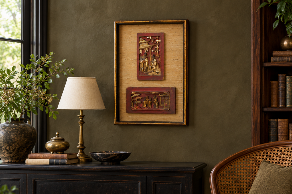 Framed Antique Gilt Chinese Carving Set